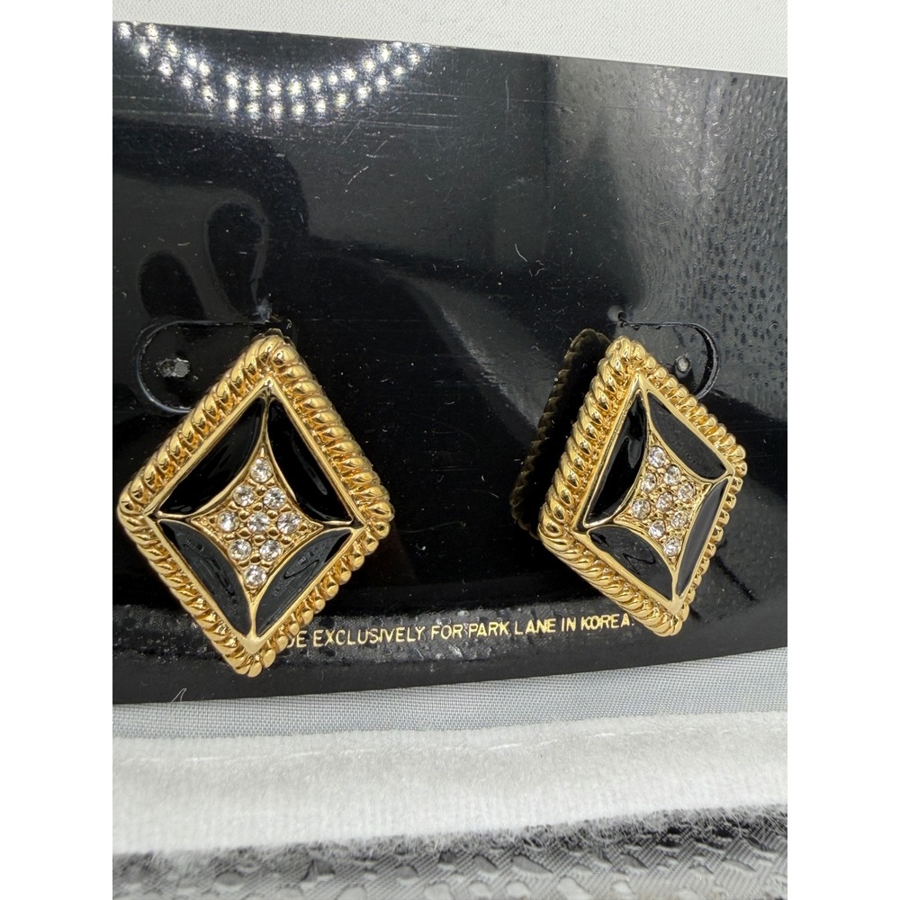 Jewels by Park Lane Black Enamel Rhinestone Gold Tone Stud Earrings